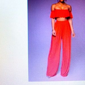Red pants set, off shoulder crop top with wide leg pants, XXL